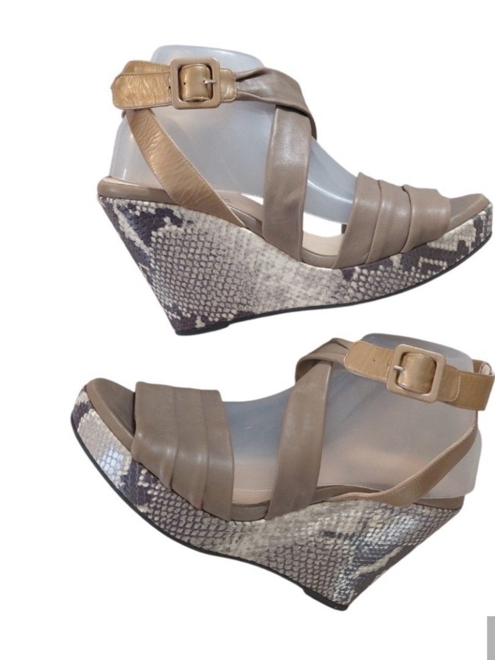 Aquatalia Whistler Taupe Leather Snake Embossed High Wedge Sandals Italy 7